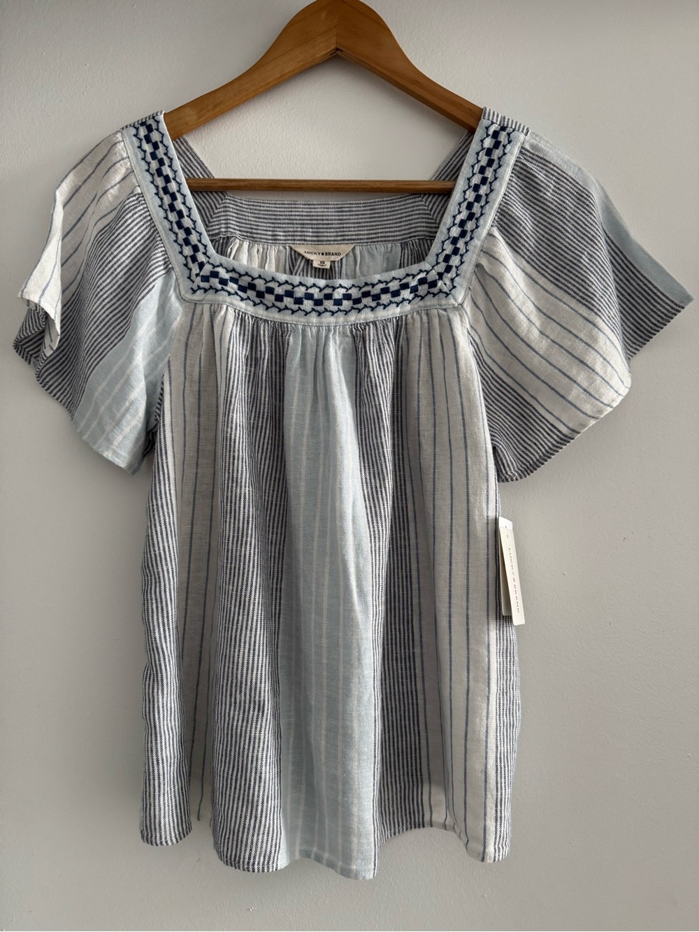 Lucky Brand Light Blue & White Striped Embroidered Square-Neck Tunic